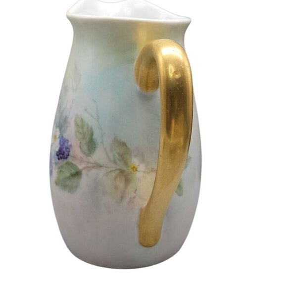 Blackberry Floral Handpainted Pitcher Gold Handle Unmarked Vintage Ceramic 5.5" - Picture 8 of 10